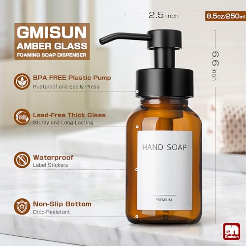GMISUN Amber Foam Soap Dispenser, 8.5 Fl oz Amber Glass Foaming Hand Soap Dispenser for Bathroom & Kitchen, 2 Pcs Modern Refillable Foaming Soap Dispensers, Foam Pump Bottle with Label & Silicone Boot - color: Amber Bottle, size: 8.5 Fl oz with Silicone B