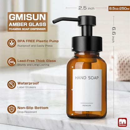 GMISUN Amber Foam Soap Dispenser, 8.5 Fl oz Amber Glass Foaming Hand Soap Dispenser for Bathroom & Kitchen, 2 Pcs Modern Refillable Foaming Soap Dispensers, Foam Pump Bottle with Label & Silicone Boot - color: Amber Bottle, size: 8.5 Fl oz with Silicone B
