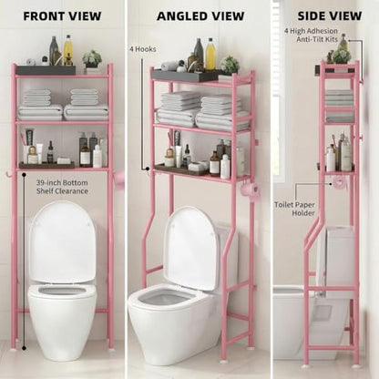 GloTika 3-Tier Over Toilet Storage, Anti-Tilt, 64" H, Pink | Anti-Tilt Safety System, 150lb Capacity, Carbon Steel, Freestanding, No Drilling, Anti-Rust Coating, Paper Holder & 4 Hooks - color: Pink, size: 3-Tier