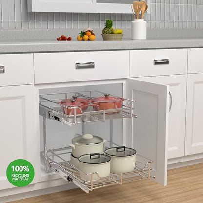 2-Tier Cabinet Pull Out Shelves, 20" W x 22" D, Chrome | Heavy-Gauge Wire Kitchen Cabinet Organizer, 100 lbs Capacity, Ball-Bearing Glides, Min 21" Opening, Pots & Pans Organizer - size: 20 x 22 Inch