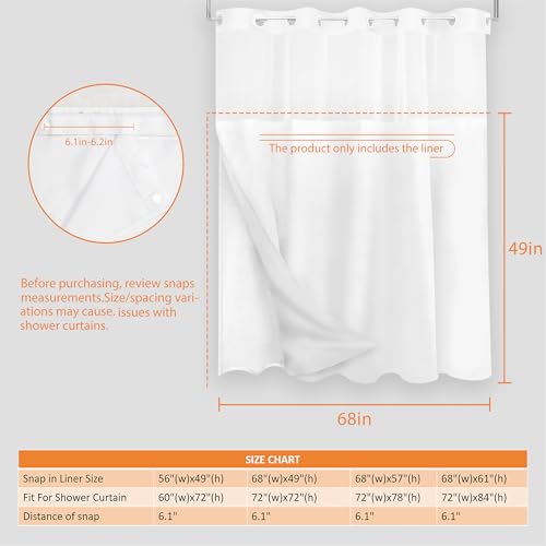 Tititex Fabric Snap-in Replacement Shower Curtain Liner 68x49 Inch Waterproof Removable with Magnets (Fits 71x71 Inch Bath Curtain), White - size: 68"W x 49"L