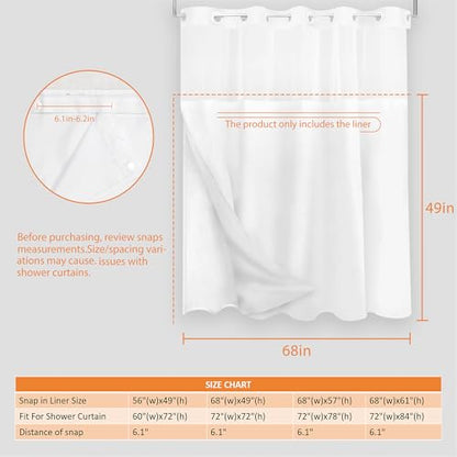 Tititex Fabric Snap-in Replacement Shower Curtain Liner 68x49 Inch Waterproof Removable with Magnets (Fits 71x71 Inch Bath Curtain), White - size: 68"W x 49"L