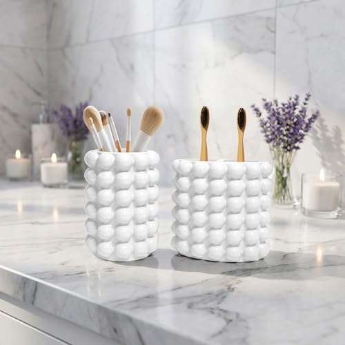 Better Trends 2-Piece Bathroom Accessory Set – Toothbrush Holder & Bubble Textured Tumbler Cup, Unbreakable Plastic Vanity Organizer for Modern Bathroom Countertop Décor White Nova Collection - color: White