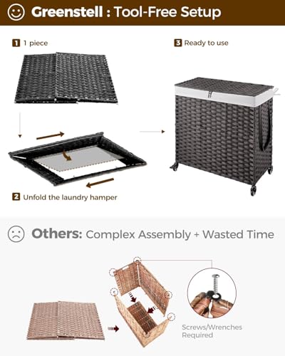 Greenstell Laundry Hamper with Wheels&Lid, 130L Large 3 Sections Clothes Hamper with 2 Types Removable Liner Bags, 5 Mesh Laundry Bags, Handwoven Divided Laundry Basket Black