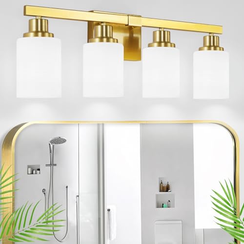 4-Light Gold Vanity Light, Modern Gold Bathroom Light Fixtures Over Mirror with Milky White Glass Shade, Bath Wall Mount Lights Wall Lamp for Mirror Bedroom, Living Room Hallway Kitchen - color: Gold, size: 4-Light