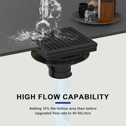 6 Inch Matte Black Square Shower Drain with Removable Grate | AISI 304 Stainless Steel Shower Drain, Shower Floor Drain with Hair Catcher & ABS Flange, Fits Bathroom & Balcony etc - color: Matte Black, size: 6 in