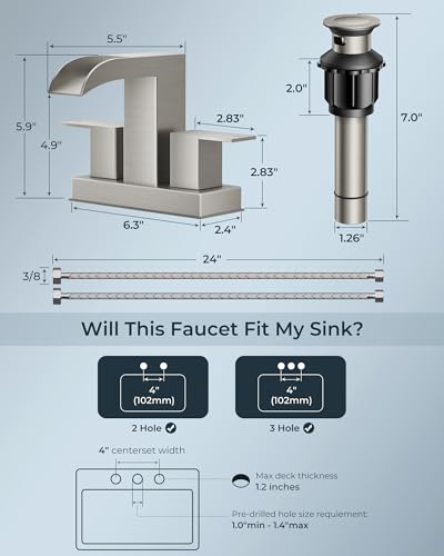 FORIOUS Waterfall Bathroom Faucet 2 Hole 4 Inch Centerset Brushed Nickel | Square Bathroom Sink Faucet 4 Inch Two Handles with Pop-up Drain and Supply Lines, for Vanity RV Farmhouse Laundry Room Basin - color: Stainless Steel