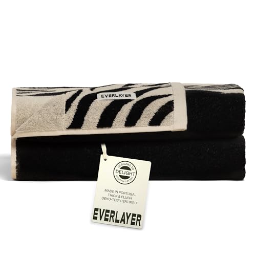 Everlayer Luxury Bath Sheets, 2 Pack, 40 x 59 Inch, Made in Portugal | 500 GSM, 100% Combed Cotton, Utra-Soft & Plush, Reversible Design, Oeko-Tex Certified, Incl 2 Pcs Bath Sheets, Black Border - color: Black Border, size: Bath Sheet, style: 2 Pcs