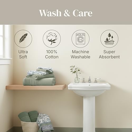 Modern Threads 6 Piece Bath Towel Set – Bathroom Set with 2 Bath Towels, 2 Hand Towels, and 2 Wash Cloths – 100% Cotton, Super Absorbent & Extra Soft – Reversible Floral Trail (Sage Green) - color: Sage Green
