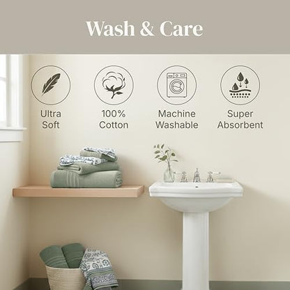 Modern Threads 6 Piece Bath Towel Set – Bathroom Set with 2 Bath Towels, 2 Hand Towels, and 2 Wash Cloths – 100% Cotton, Super Absorbent & Extra Soft – Reversible Floral Trail (Sage Green) - color: Sage Green