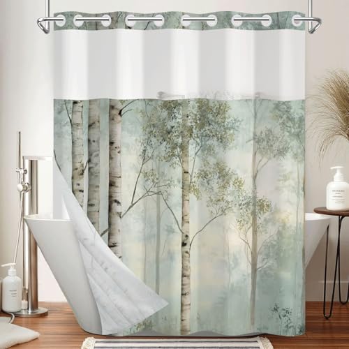 No Hook Woodland Shower Curtain with Snap in Liner, 71x74 Inch | Double Layer Waterproof Bath Curtain with Mesh Top, Soft Green Birch Trees Misty Forest Print for Modern & Farmhouse Bathroom - color: Forest-2