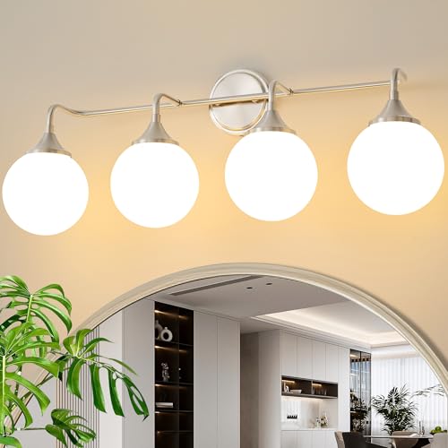 Brushed Nickel Bathroom Light Fixtures Over Mirror Vanity 4-Light | Mid Century Modern Brushed Nicke Wall Sconce with Milky White Glass Ball Shades for for Bathroom Dressing Table Bedroom - color: Brushed Nickel, size: 4-light