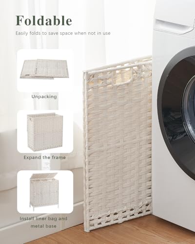 SETVSON Laundry Hamper with Lid, Large 132L Rattan Basket, White | 3-Section Large 35 Gal Clothes Hamper, 3 Removable Bags, Heightened Metal Feet, 6 Mesh Laundry Bags, Steel Frame - color: Cloud White, size: 132 L - 35 gal