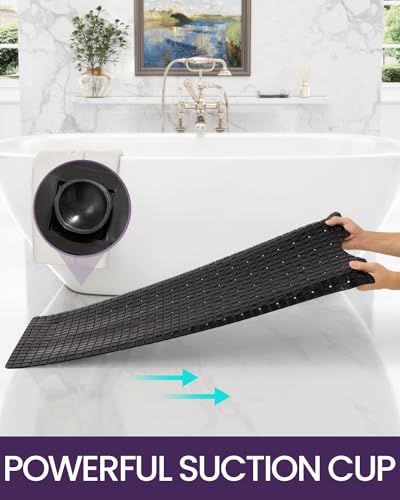 DEXI Bathtub Mat Non Slip, 39x16 Bath Tub Shower Floor Bathroom Mats Black | Extra Long Suction Cups, Drain Holes, Machine Washable for Tub Shower Floor Bathmat - color: Black