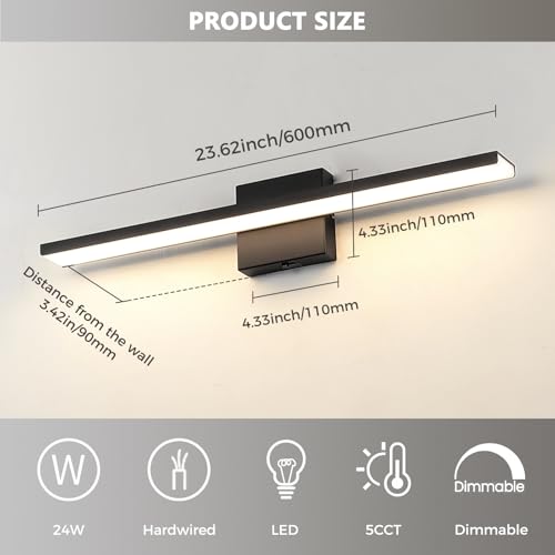 JUSHENG Black Vanity Lights for Bathroom 5CCT Dimmable Bathroom Vanity Light Fixtures LED Vanity Light Bar 24'' Inch 24W ETL Certificated - color: Black-5CCT, size: 24'' Long-Dimmable