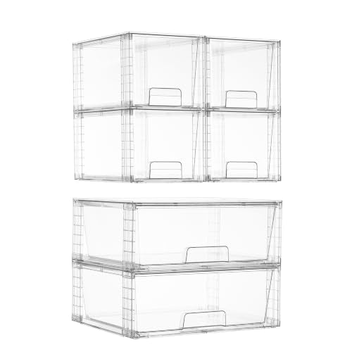 Vtopmart Clear Stackable Storage Drawers, 6 Pack Large Organizer Set | Wide and Medium Pull-Out PET Drawers with Stackable Design for Larger Storage Needs, Kitchen Cabinets, Closets and Pantry - style: 2 Wide+4 Medium