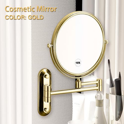 Gold 8 Inch Oval Base Bathroom Wall Mount Mirror 360 Degree Swivel | AIREMOEN 1x10x Magnifying, Double Sided, Adjustable Extension Arm Makeup Mirror Beauty Mirror Shaving Mirror