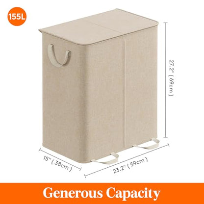 Lifewit Double Laundry Hamper with Lid and Removable Laundry Bags, Large Collapsible 2 Dividers Dirty Clothes Basket with Handles for Bedroom Laundry Room Closet Bathroom College, 155L Beige - color: Beige, size: 155L