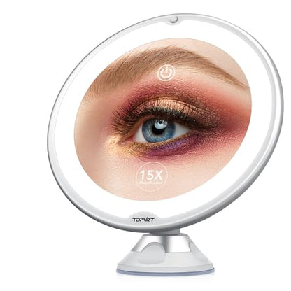 Flexible 15X Magnifying Suction Mirror - Dimmable LED Vanity Mirror, Power Suction Cup, Portable for Home Bathroom - Ideal for Detailed Makeup Eyeshadow Eyeliner (Medium)