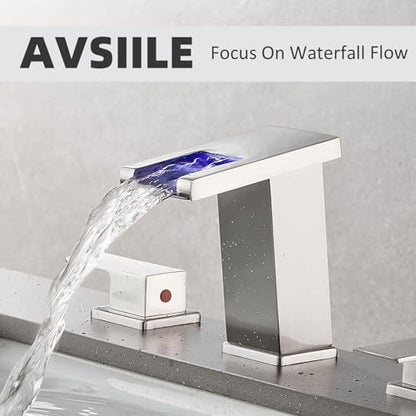 LED Bathroom Faucet 3 Hole, Brushed Nickel Waterfall Bathroom Faucets, 8 Inch Widespread Modern Bathroom Sink Faucet & Parts, Wide Spread Touch On Three Hole 2 Handle Bathroom Vanity Faucet - color: Brushed Nickel