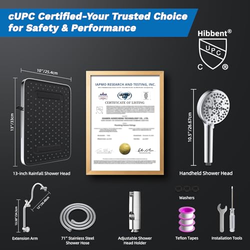 Hibbent cUPC Certified High Pressue 13'' Rainfall Shower Head with 5-Spray | Shower Heads with Handheld 10-Spray Combo, All Metal Easy Reach 4-way Diverter Extension Arm, 71'' Hose & Holder, Chrome - color: Chrome, style: Square 13"