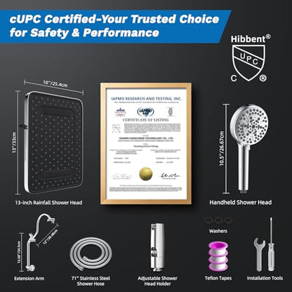 Hibbent cUPC Certified High Pressue 13'' Rainfall Shower Head with 5-Spray | Shower Heads with Handheld 10-Spray Combo, All Metal Easy Reach 4-way Diverter Extension Arm, 71'' Hose & Holder, Chrome - color: Chrome, style: Square 13"