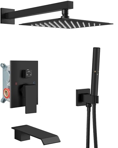 Aolemi Shower System with Tub Spout and Valve Matte Black | 10-Inch Square Wall Mounted Rainfall Shower Head and Handheld,3-Function Bathtub Shower Faucet Set - color: Black