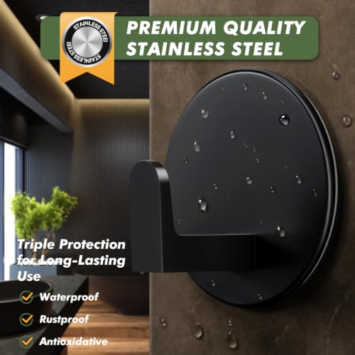 Auxmir Adhesive Towel Hooks, 5 Pack Heavy Duty Wall Hooks 15lb Max, No Drilling Hooks for Bathroom Shower Kitchen, Waterproof Rustproof Stainless Steel Hooks for Towels, Robes, Coats, Black-Round | 15 lb max capacity, heavy-duty no-drill wall hooks, water