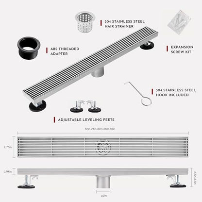 Linear Shower Drain, 24 inch Brushed Nickel | Including Hair Catcher and Removable Grate, 304 Stainless Steel, Easy to Install and Clean (Drain Base Not Included) - color: Brushed Nickel, size: 24 inch