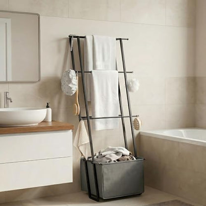 2-in-1 Leaning Blanket Ladder with Storage Basket, Matte Black Metal Towel Rack Stand, Drill-Free Space Saving Organizer for Bathroom & Bedroom Throws, 63" - color: Black With Bag