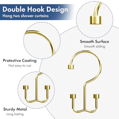 Bathway Shower Curtain Hooks Gold Shower Curtain Rings, 12 Pcs Metal Double Hooks Rings Rust Proof for Bathroom Shower Curtain Rod - color: Gold, style: Modern