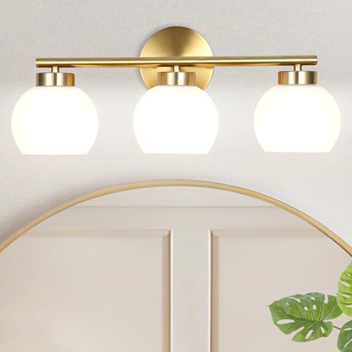 3 Light Bathroom Vanity Light, 20" Brushed Gold Bathroom Light Fixtures Over Mirror with Milky White Glass Globe Shade, Mid Century Modern Brass Wall Sconces, E26 Socket - color: Gold & Milky White Glass, size: 3-Light