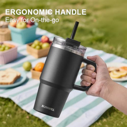 SUNWILL 20 oz Tumbler with Handle and Straw Leak Proof,Travel Coffee Mug with Lid, Stainless Steel Cup Insulated for Office & Gym, Cupholder Friendly, Powder Coated Black - color: Powder Coated Black, size: 20 Ounces