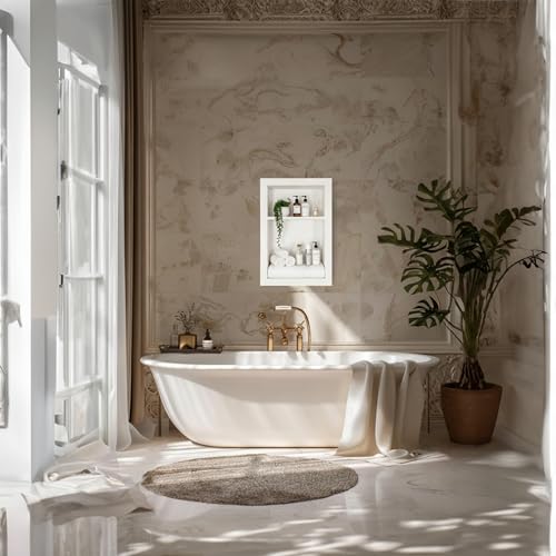 16" X 24" White Marble Shower Niche for Bathroom Shelf | Recessed Wall Insert | Rectangular 2 Shelves Storage Bathroom Organizer | No Tiles Needed (Pure White)