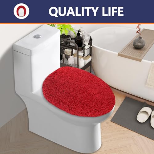 Soft Microfiber Toilet Lid Cover 17.5" x 15" Machine Washable | Solid Toilet Seat Cover Adjustable Rubber Backing Fits Most 16 -17.5" L x 14-16" W Round Oblong and Elongated Toilet Seat - color: Red