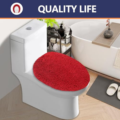 Soft Microfiber Toilet Lid Cover 17.5" x 15" Machine Washable | Solid Toilet Seat Cover Adjustable Rubber Backing Fits Most 16 -17.5" L x 14-16" W Round Oblong and Elongated Toilet Seat - color: Red
