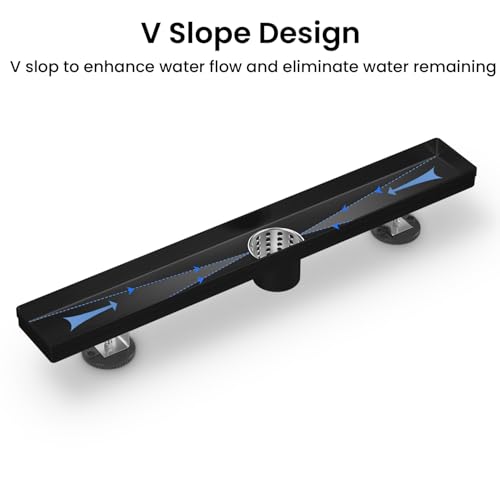 EXF Linear Shower Drain 18 Inch Matte Black with Reversible Flat & Tile Insert Cover, Stainless Steel Rectangle Shower Floor Drain with Hair Catcher, Adjustable Feet - color: Matte Black, size: 18 IN