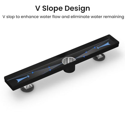 EXF Linear Shower Drain 18 Inch Matte Black with Reversible Flat & Tile Insert Cover, Stainless Steel Rectangle Shower Floor Drain with Hair Catcher, Adjustable Feet - color: Matte Black, size: 18 IN