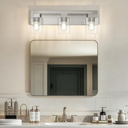 21.6 Inch Brushed Nickel Bathroom Light Fixtures, with Clear Glass Shade | 3-Light Bathroom Lighting Fixtures Over Mirror, Modern Wall Light, bathroom vanity light E26 Socket, ETL - color: Brushed Nickel, size: 3-Light