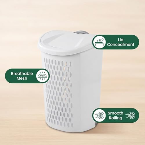 2-Bushel Rolling Plastic Laundry Basket with Wheels & Lid, White | Heavy-duty build, retractable pull handle, ideal for dorm rooms & apartment laundry storage