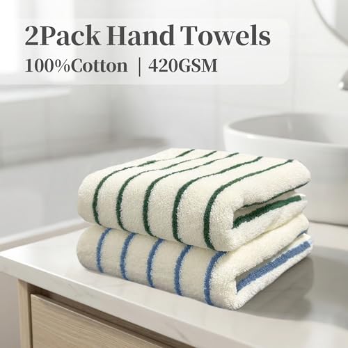 VOOVA & MOVAS Striped Kitchen Towels 2 Pack, 100% Cotton, 13x28 in | Multi-Purpose for Kitchen & Bathroom, Hanging Loop, 420GSM Medium Weight, Ultra Absorbent & Soft, Blue & Green Stripes - color: Green Blue Stripe
