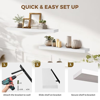 Solid Wood Floating Shelves, 36 Inch Wall Shelves, Set of 2, White | 8 Inch Deep, 1.6 Inch Thick, Extra-Wide Display Space, Mounting Hardware Included, For Kitchen, Bathroom and Living Room - color: White, size: 36x8x1.6