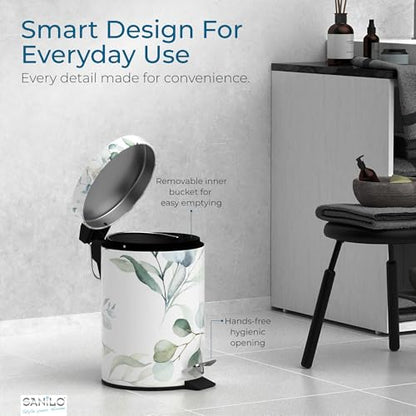 Sanilo Small Bathroom Trash Can with Lid [1.3 Gallon] - Lidded Tiny Trashcan for Garbage - Mini Metal Bin with Soft Closing Mechanism - Bath Room Accessoire Wastebin with Inner Bucket (Eucalyptus) - color: Eucalyptus