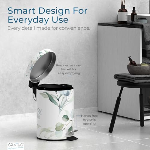 Sanilo Small Bathroom Trash Can with Lid [1.3 Gallon] - Lidded Tiny Trashcan for Garbage - Mini Metal Bin with Soft Closing Mechanism - Bath Room Accessoire Wastebin with Inner Bucket (Eucalyptus) - color: Eucalyptus