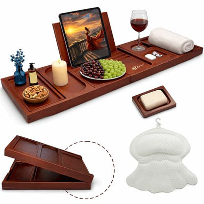 Bathtub Tray and Bath Pillows for Tub – Expandable Bamboo Bathtub Caddy with Phone & Wine Holder, Soft Bath Pillows for Tub & Head/Neck Support