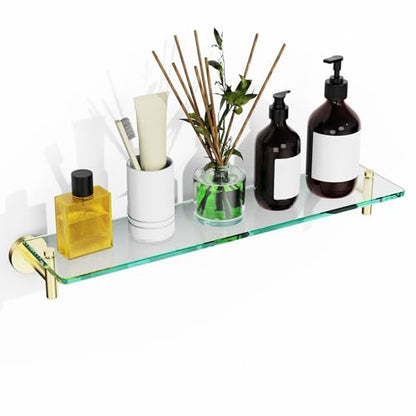 Glass Shelves for Bathroom,16-Inch Brushed Gold Floating Bathroom Shelf Stainless Steel Tempered Glass Shelf Modern Shelves wall Mounted - color: Brushed Gold, size: 16"without railing