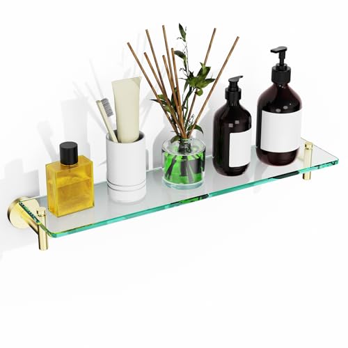 Glass Shelves for Bathroom,20-Inch Brushed Gold Floating Bathroom Shelf Stainless Steel Tempered Glass Shelf Modern Shelves Wall Mounted - color: Brushed Gold, size: 20"without railing