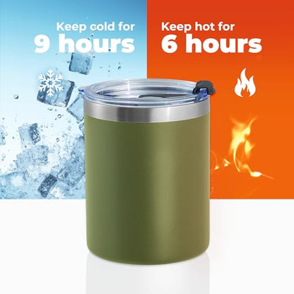 MEWAY 12 oz Lowball, Tumbler Stainless Steel Double Wall Vacuum Insulated Mug with Straw and Lid, Cleaning Brush ，Durable Powder Coated Insulated Coffee Cup for Cold & Hot Drinks (Army Green,4 pack) - color: Army Green