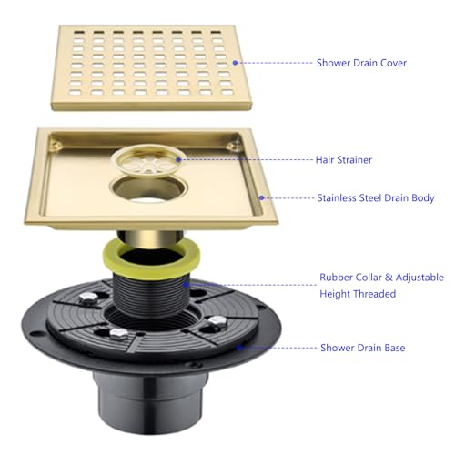 6 Inch Square Shower Floor Drain Brushed Brass with Flange,SUS304 Stainless Steel Gold Shower Drain Cover with Quadrato Pattern Grate Removable Hair Strainer,98738BG6-S. - color: Brushed Gold（set）