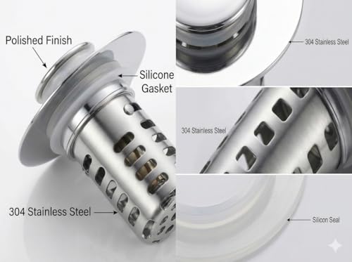 Bathroom Sink Stopper, Universal Stainless Steel Replacement | Universal Bathroom Sink Stopper Replacement, Fits 1.1–2.36 Inch Drain Holes, Brass Core with Stainless Steel Cover